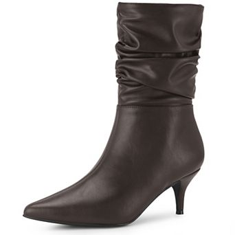 Pointed Toe Slouch Kitten Heel Boot Mid-Calf Boots for Women