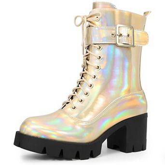 Platform Lace Up Round Toe Chunky Heel Combat Boots for Women