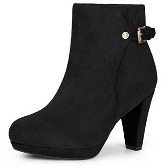 Low Platform Boots Round Toe Buckle Chunky Heel Ankle Booties for Women