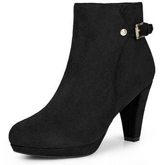 Low Platform Boots Round Toe Buckle Chunky Heel Ankle Booties for Women