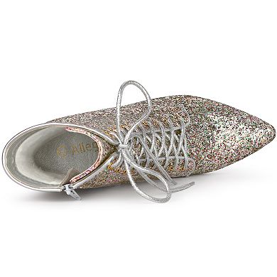 Women's Glitter Pointed Toe Block Heel Ankle Boots
