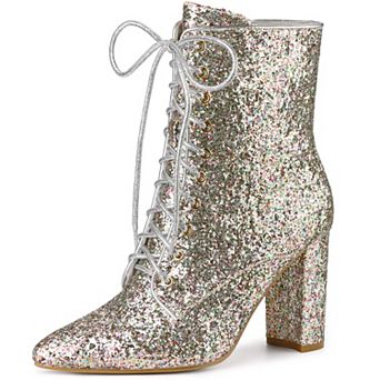Women's Glitter Pointed Toe Block Heel Ankle Boots