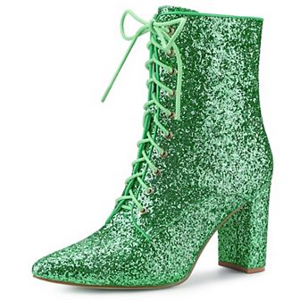 Women's Glitter Pointed Toe Block Heel Ankle Boots