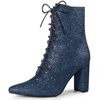 Women's Glitter Pointed Toe Block Heel Ankle Boots