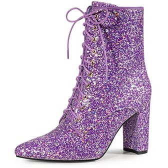Women's Glitter Pointed Toe Block Heel Ankle Boots