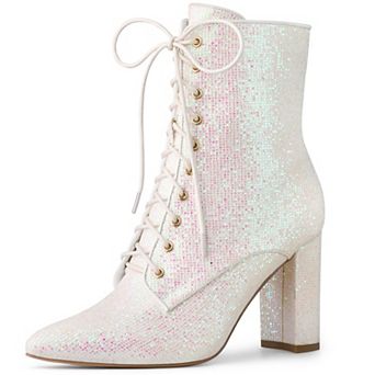 Women's Glitter Pointed Toe Block Heel Ankle Boots
