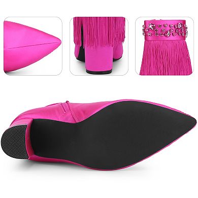 Pointed Toe Fringe Rhinestone Chunky Heel Ankle Boots for Women