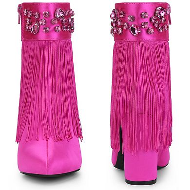 Pointed Toe Fringe Rhinestone Chunky Heel Ankle Boots for Women
