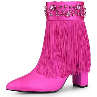 Pointed Toe Fringe Rhinestone Chunky Heel Ankle Boots for Women