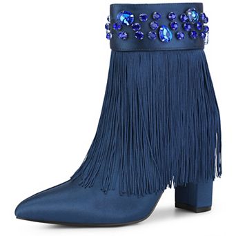 Pointed Toe Fringe Rhinestone Chunky Heel Ankle Boots for Women