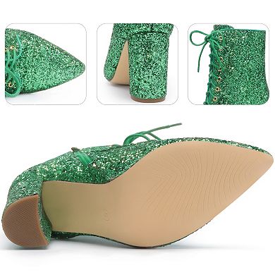 Glitter Sequin Boot Lace Up Pointed Toe Block Heel Glitter Ankle Boots for Women