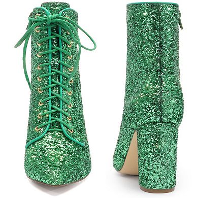 Glitter Sequin Boot Lace Up Pointed Toe Block Heel Glitter Ankle Boots for Women