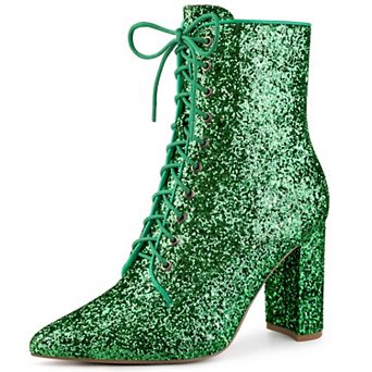 Glitter Sequin Boot Lace Up Pointed Toe Block Heel Glitter Ankle Boots for Women