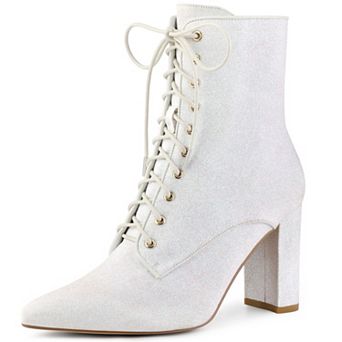 Glitter Sequin Boot Lace Up Pointed Toe Block Heel Glitter Ankle Boots for Women