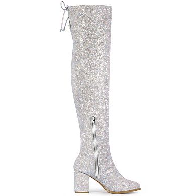 Women's Glitter Boots Round Toe Chunky Heel Over the Knee High Boots
