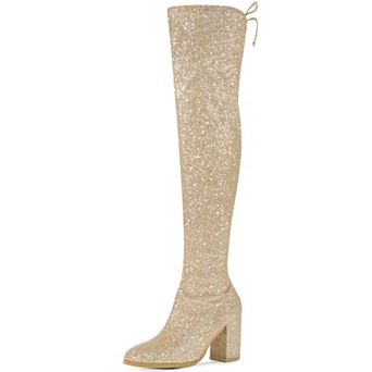 Women's Glitter Boots Round Toe Chunky Heel Over the Knee High Boots