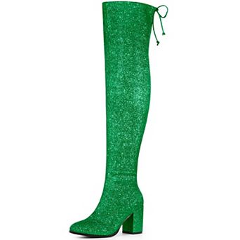 Women's Glitter Boots Round Toe Chunky Heel Over the Knee High Boots