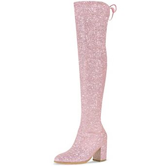 Women's Glitter Boots Round Toe Chunky Heel Over the Knee High Boots