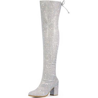 Women's Glitter Boots Round Toe Chunky Heel Over the Knee High Boots