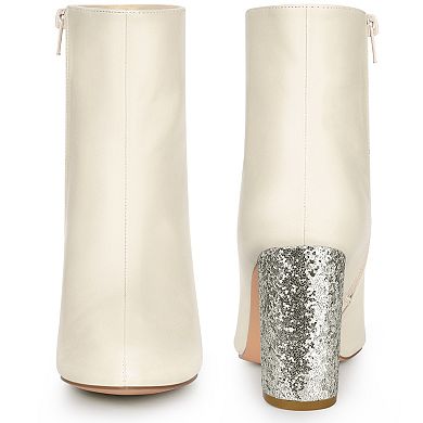 Glitter Heel Fashion Sparkly Pointy Toe Zipper Chunky Heels Ankle Boots for Women