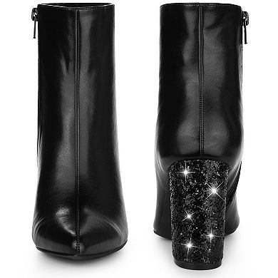 Glitter Heel Fashion Sparkly Pointy Toe Zipper Chunky Heels Ankle Boots for Women