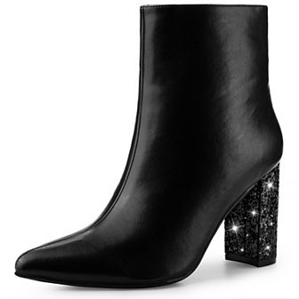 Glitter Heel Fashion Sparkly Pointy Toe Zipper Chunky Heels Ankle Boots for Women