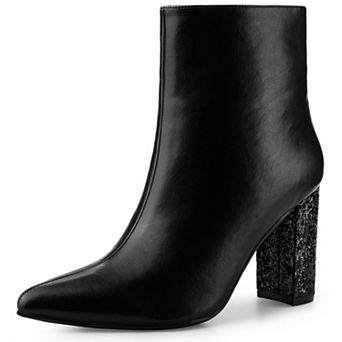 Glitter Heel Fashion Sparkly Pointy Toe Zipper Chunky Heels Ankle Boots for Women