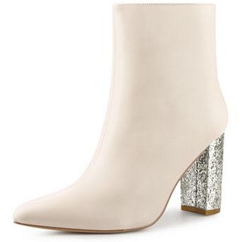 Glitter Heel Fashion Sparkly Pointy Toe Zipper Chunky Heels Ankle Boots for Women