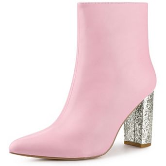 Glitter Heel Fashion Sparkly Pointy Toe Zipper Chunky Heels Ankle Boots for Women