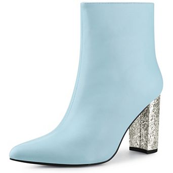 Glitter Heel Fashion Sparkly Pointy Toe Zipper Chunky Heels Ankle Boots for Women