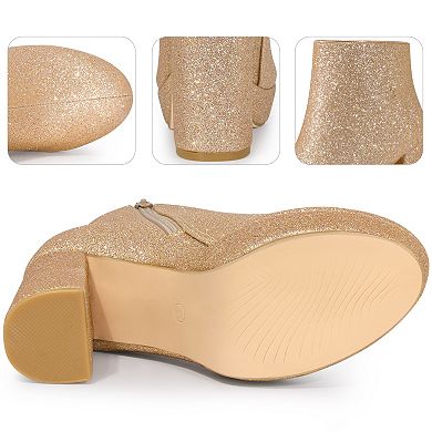 Glitter Platform Round Toe Chunky Heels Ankle Boots for Women