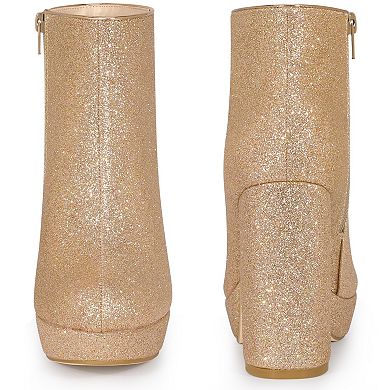 Glitter Platform Round Toe Chunky Heels Ankle Boots for Women