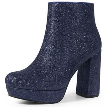 Glitter Platform Round Toe Chunky Heels Ankle Boots for Women