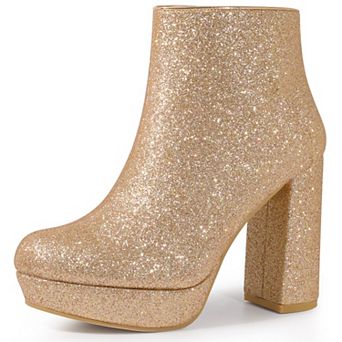Glitter Platform Round Toe Chunky Heels Ankle Boots for Women