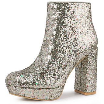 Glitter Platform Round Toe Chunky Heels Ankle Boots for Women