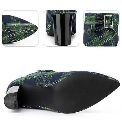 Plaid Pointy Toe Rhinestone Bow Zipper Chunky Heels Ankle Boots for Women