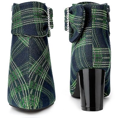Plaid Pointy Toe Rhinestone Bow Zipper Chunky Heels Ankle Boots for Women