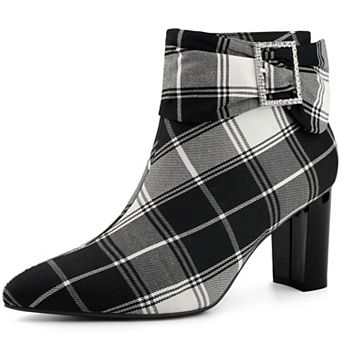 Plaid Pointy Toe Rhinestone Bow Zipper Chunky Heels Ankle Boots for Women