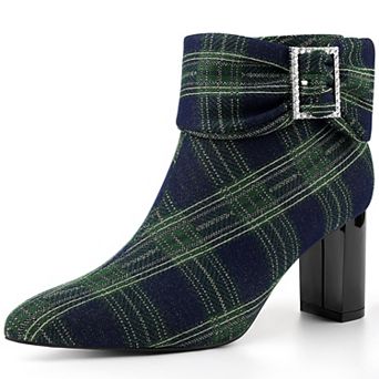 Plaid Pointy Toe Rhinestone Bow Zipper Chunky Heels Ankle Boots for Women