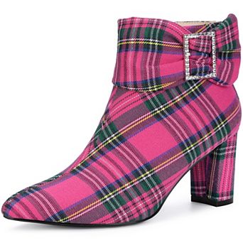 Plaid Pointy Toe Rhinestone Bow Zipper Chunky Heels Ankle Boots for Women