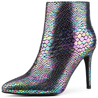Snakeskin Printed Metallic Boots Pointed Toe Stiletto Heel Ankle Boots for Women
