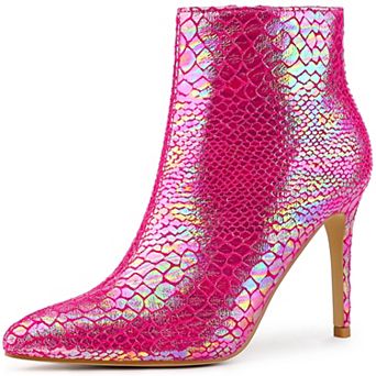 Snakeskin Printed Metallic Boots Pointed Toe Stiletto Heel Ankle Boots for Women