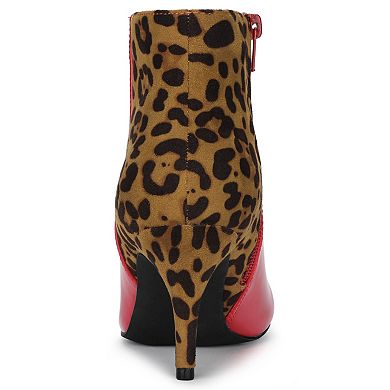 Women's Contrast Color Leopard Print Stiletto Heel Ankle Boots