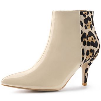 Women's Contrast Color Leopard Print Stiletto Heel Ankle Boots