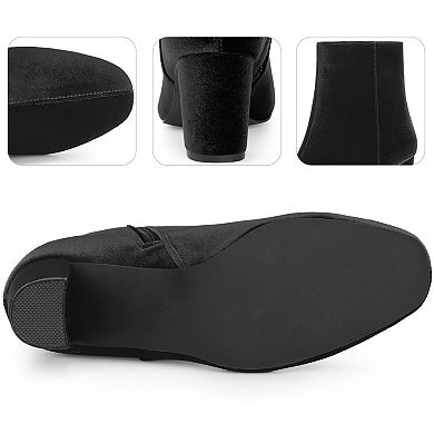 Faux Velvet Round Toe Chunky Heels Ankle Boots for Women