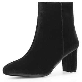 Faux Velvet Round Toe Chunky Heels Ankle Boots for Women