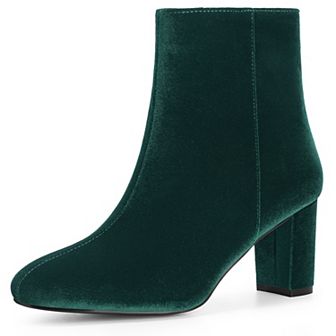 Faux Velvet Round Toe Chunky Heels Ankle Boots for Women