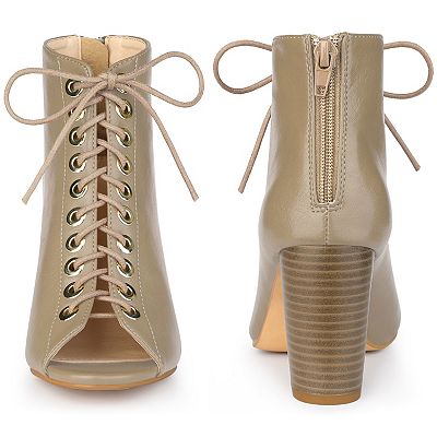 Peep Toe Lace Up Chunky Heel Ankle Boots for Women