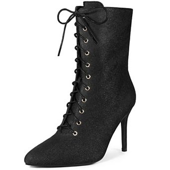 Denim Boot Lace Up Stiletto Heels Ankle Boots for Women