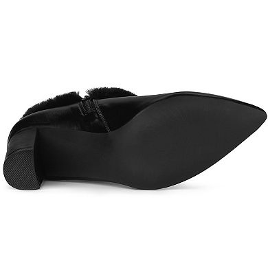 Women's Block Heels Pointed Toe Faux Fur Ankle Booties